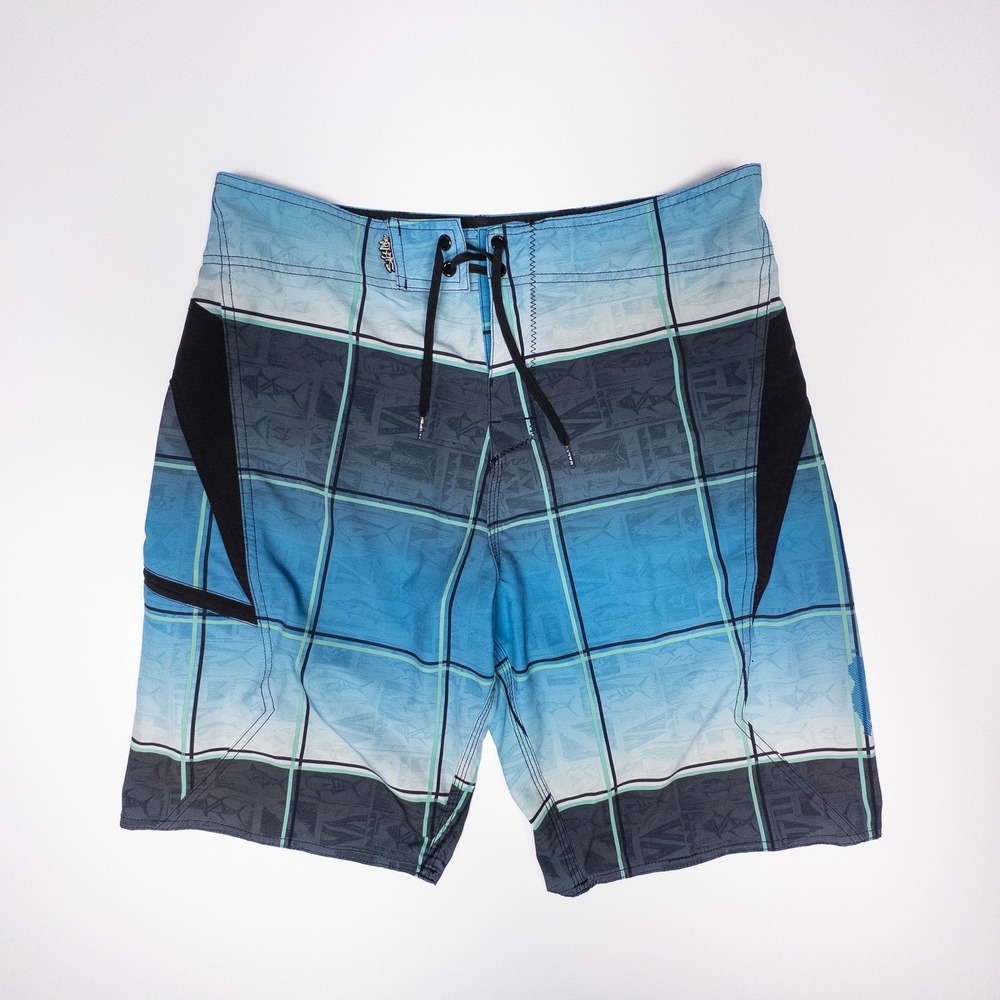 Salt Life Plaid Board Shorts SLX-QD Vapor Stretch Swim Trunks Blue‎ Size 34